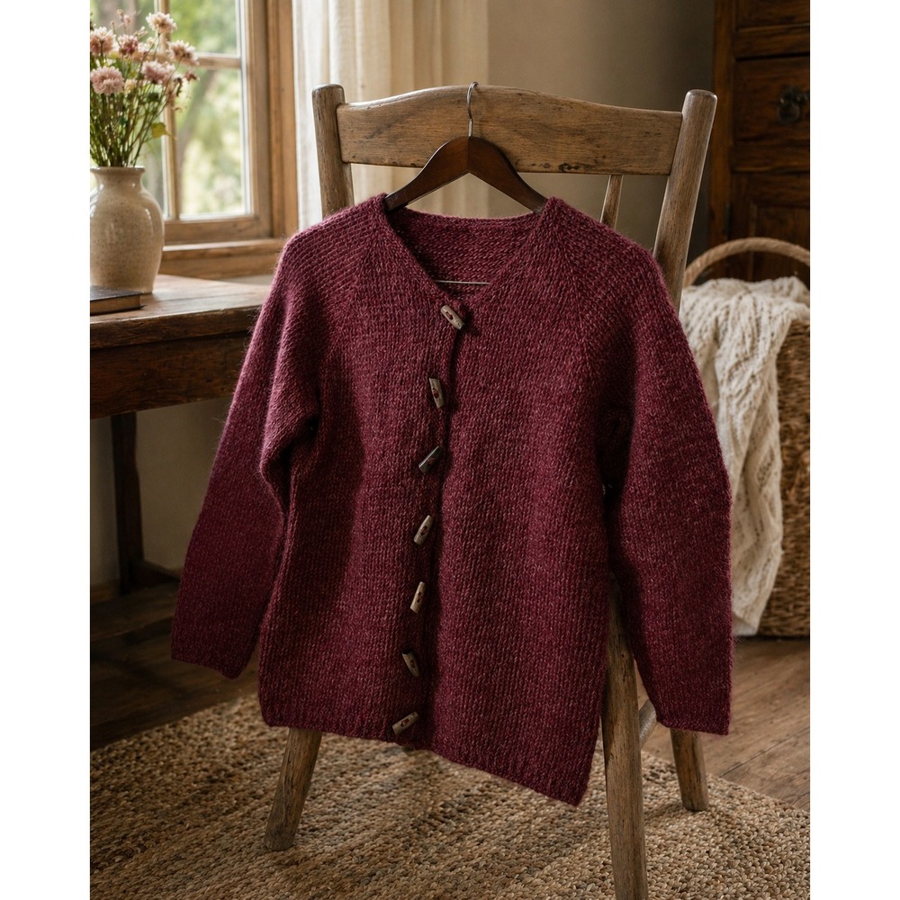 Hand Knit Berry Red Driftwood Buttons Cozy Cottagecore Cardigan Sweater M